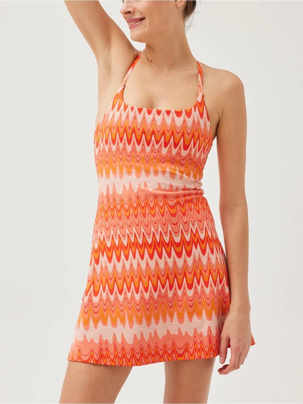 Wave-Print Halter Outdoor Voices Dress in Orange
